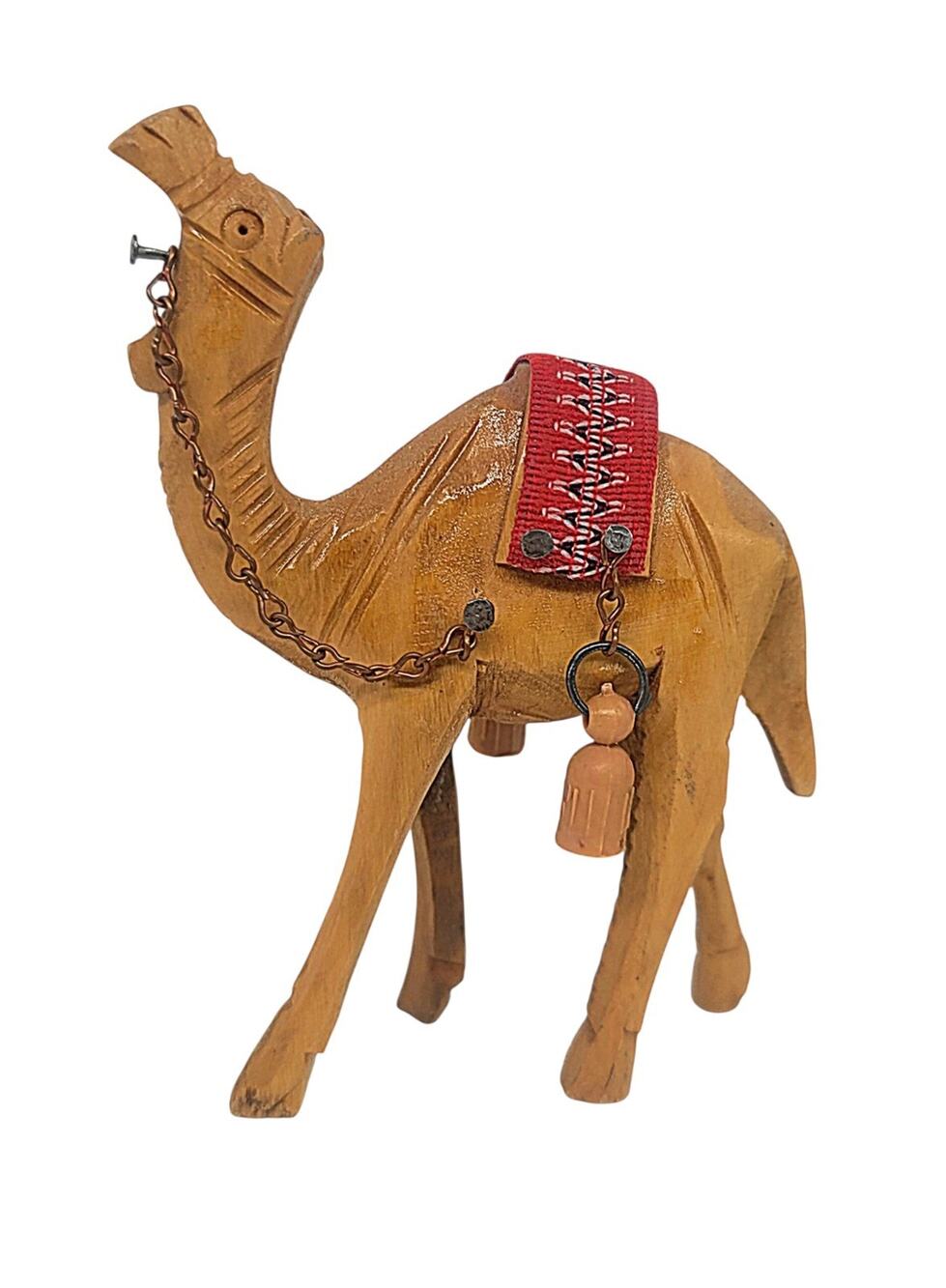Hand Carved Olive Wood Camel Nativity Christmas Figurine Red Saddle Chain 4"